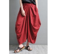 Women Red Pockets Cotton Linen Big crotch pants Summer Pants