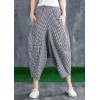 Stitching Cotton Linen Drop Crotch Pants Summer Linen Plaid Loose Large Size