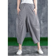 Stitching Cotton Linen Drop Crotch Pants Summer Linen Plaid Loose Large Size